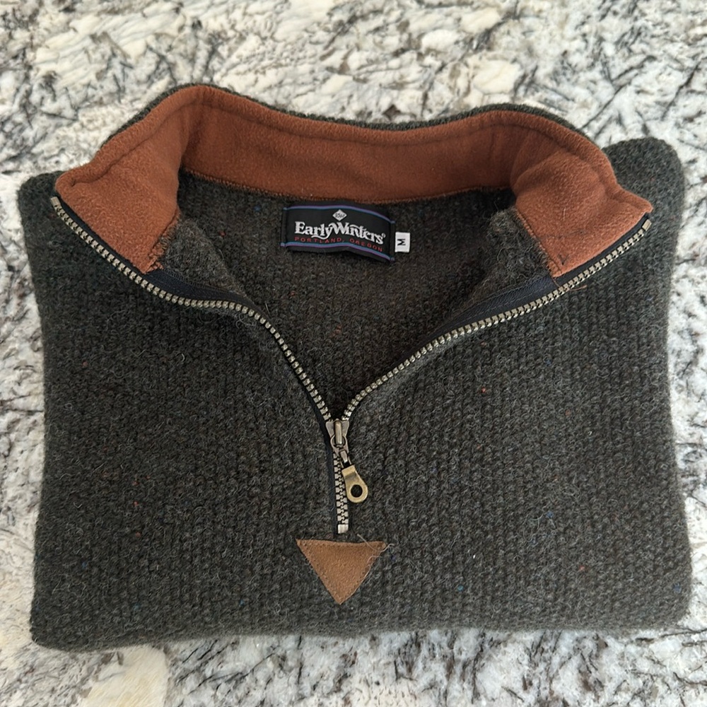 VTG Early Winters 1/2 Zip Medium Army Green Variegated Wool Sweater w/pockets